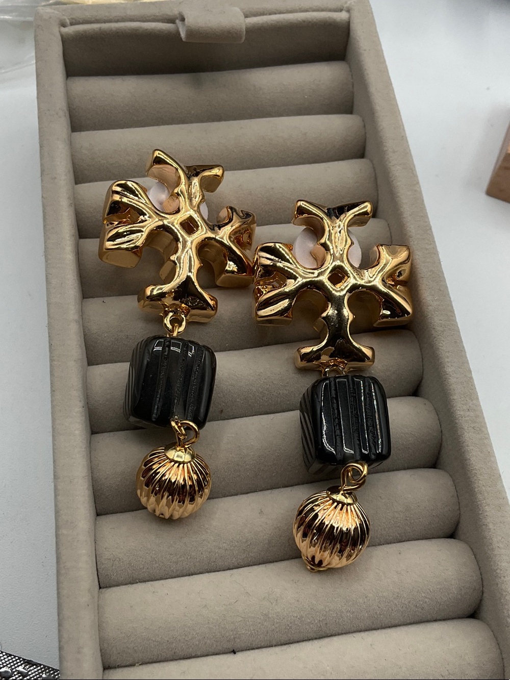 Tory Burch Gold and Black Roxanne Double Drop Clip-On Earrings - Picture 2 of 6